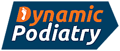 The Dynamic Podiatry logo orange and navy with a foot in the "D"